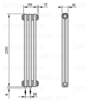Схема (чертеж) Радиатор Zehnder Charleston 2220/3 №3470 Белый глянцевый RAL 9016